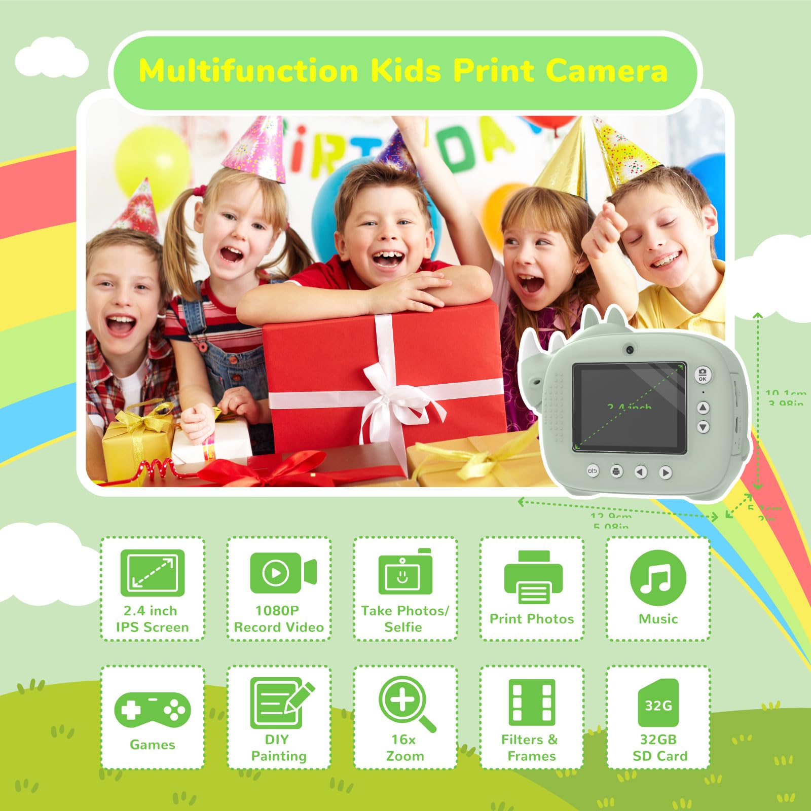 CAMCLID Appareil Photo Instantané Enfants, Appareil Photo Numérique à Impression Instantanée Enfants avec Carte 32GB, 12MP/1080P Selfie Caméra Vidéo, Cadeau pour Filles Garçons 3-12 Ans (Vert)