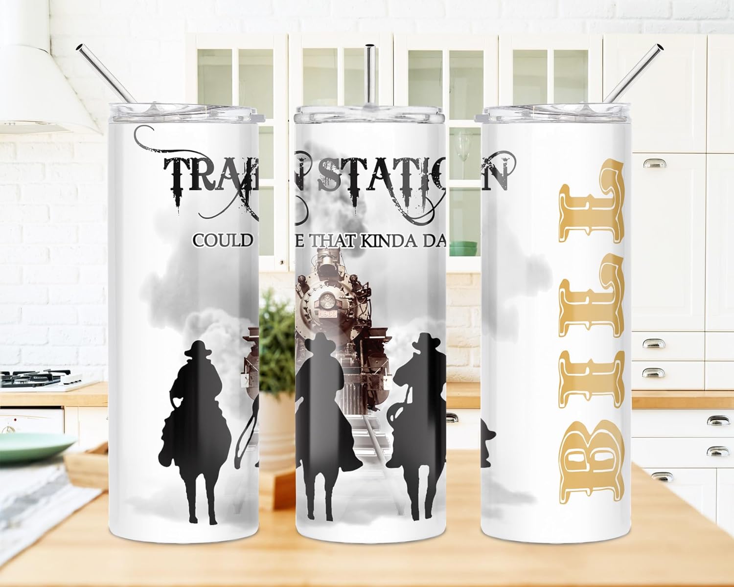 Personalized Gold or Pink Train Station Day Yellowstone Inspired Tumbler with Lid & Straw for Hot or Cold Drinks - Espresso, Latte, Coffee Drinker Cup