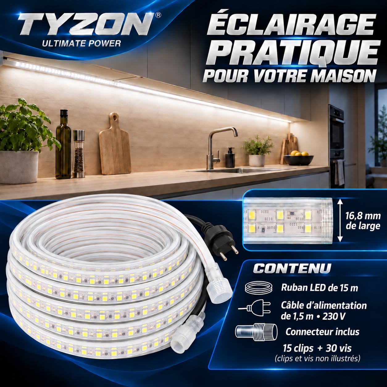 TYZON Ruban LED 15 m, 6000 K, 1000 lm/m, IP65, 230 V