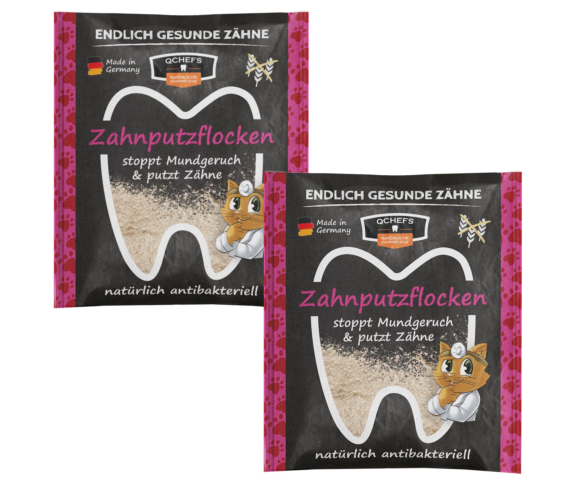 QCHEFS 2er Pack Großpackung Papie ZAHNPUTZFLOCKEN Katze Zahnpflege zum Lecken von Schleckmatte mit Nassfutter, Lachsöl, Katzenmilch, Malz Paste, Katzenfutter oder Leckerli