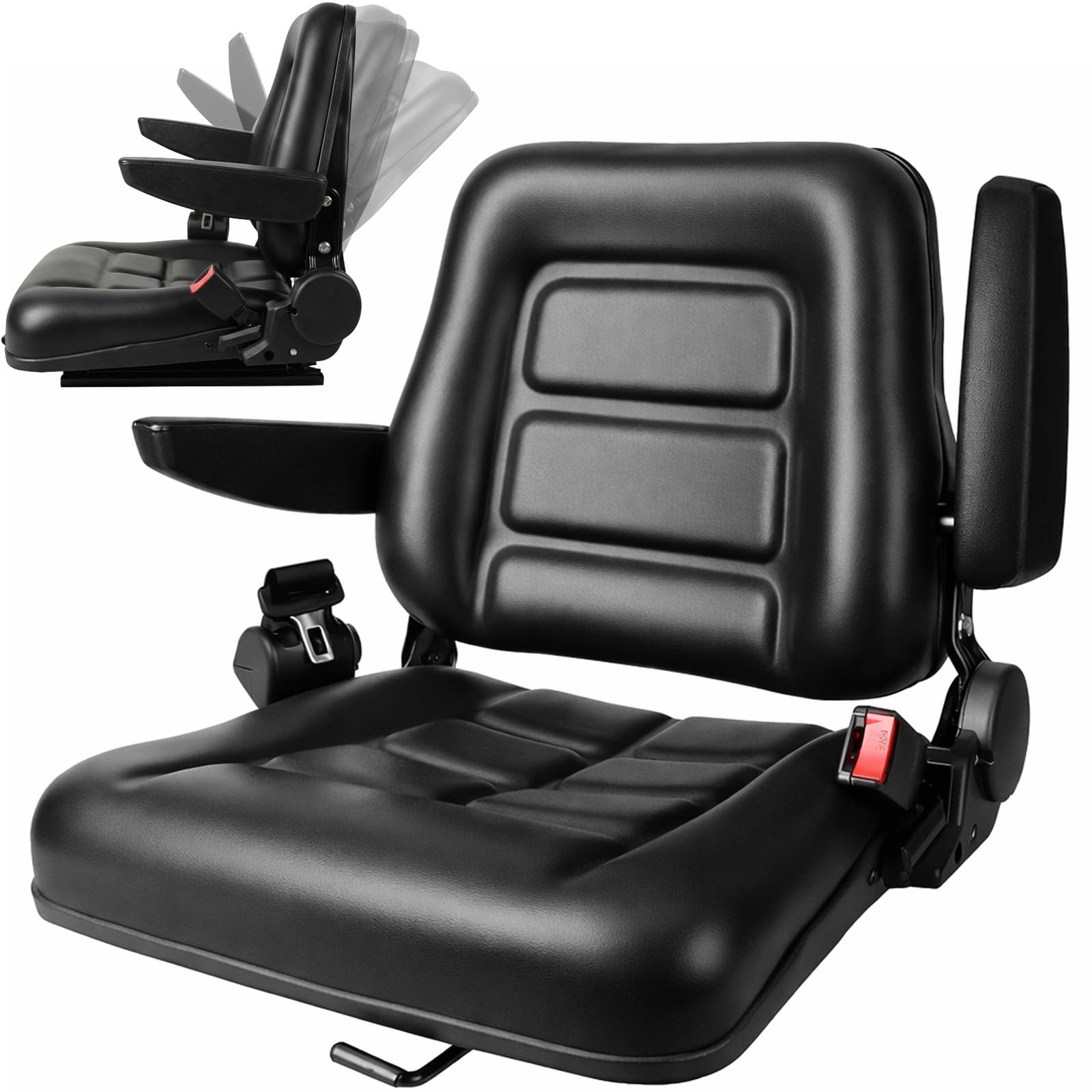 Universal Gabelstaplersitz, Gabelstapler Sitz aus PVC mit Sicherheitsgurt, verstellbarer Rückenlehne, ergonomischer Polsterung, umklappbarer Traktorsitz für Gabelstaplern, Bagger, Lader, Planierraupe