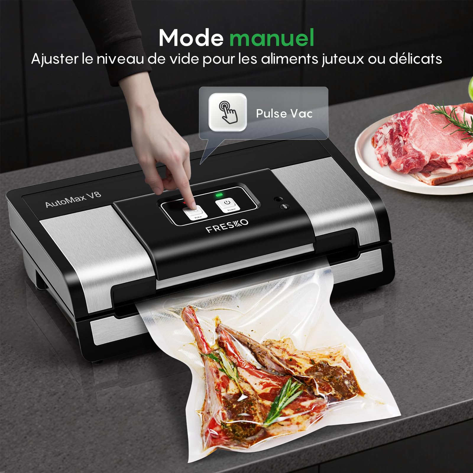 FRESKO Automatique Machine Sous Vide Alimentaire, 140 Watts, Machine Sous Vide Mains Libres, Détection Sec/Humide, Sac à 2 Rouleaux, coupeur intégré et rangement du sac (AutoMax V8)