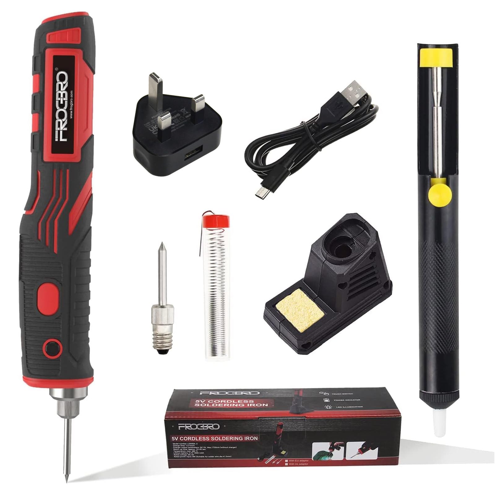 Set saldatore a batteria da 11 W con 2 punte di saldatura, 1 pompa dissaldante e cavo di tipo C + adattatore UK, facile da usare, strumenti di saldatura senza fili professionali e sicuri