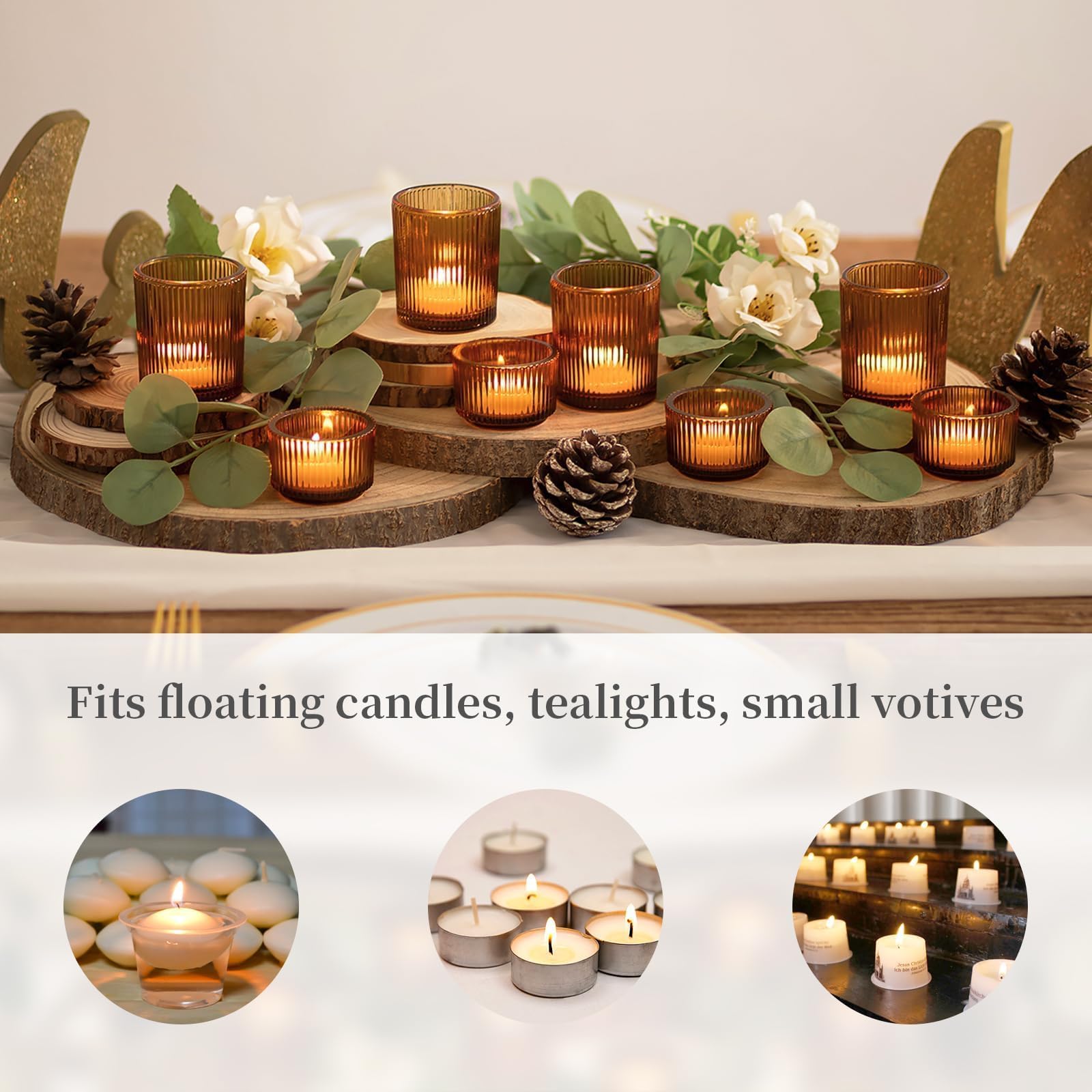 Hewory Lot de 24 photophores en verre ambré pour bougies chauffe-plat, décorations d'automne pour Thanksgiving, centre de table, fête de mariage, décoration d'intérieur