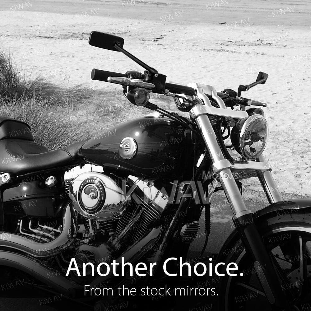 KiWAV Motorcycle Mirrors Rectangular ClassicPlus Black Convex Aspherical Anti-Glare Blue Tinted Glass Longer Stem 10mm 5/16 Inches Adapters for Cafe Racer Bobber Chopper Road Bike Pack of Pair