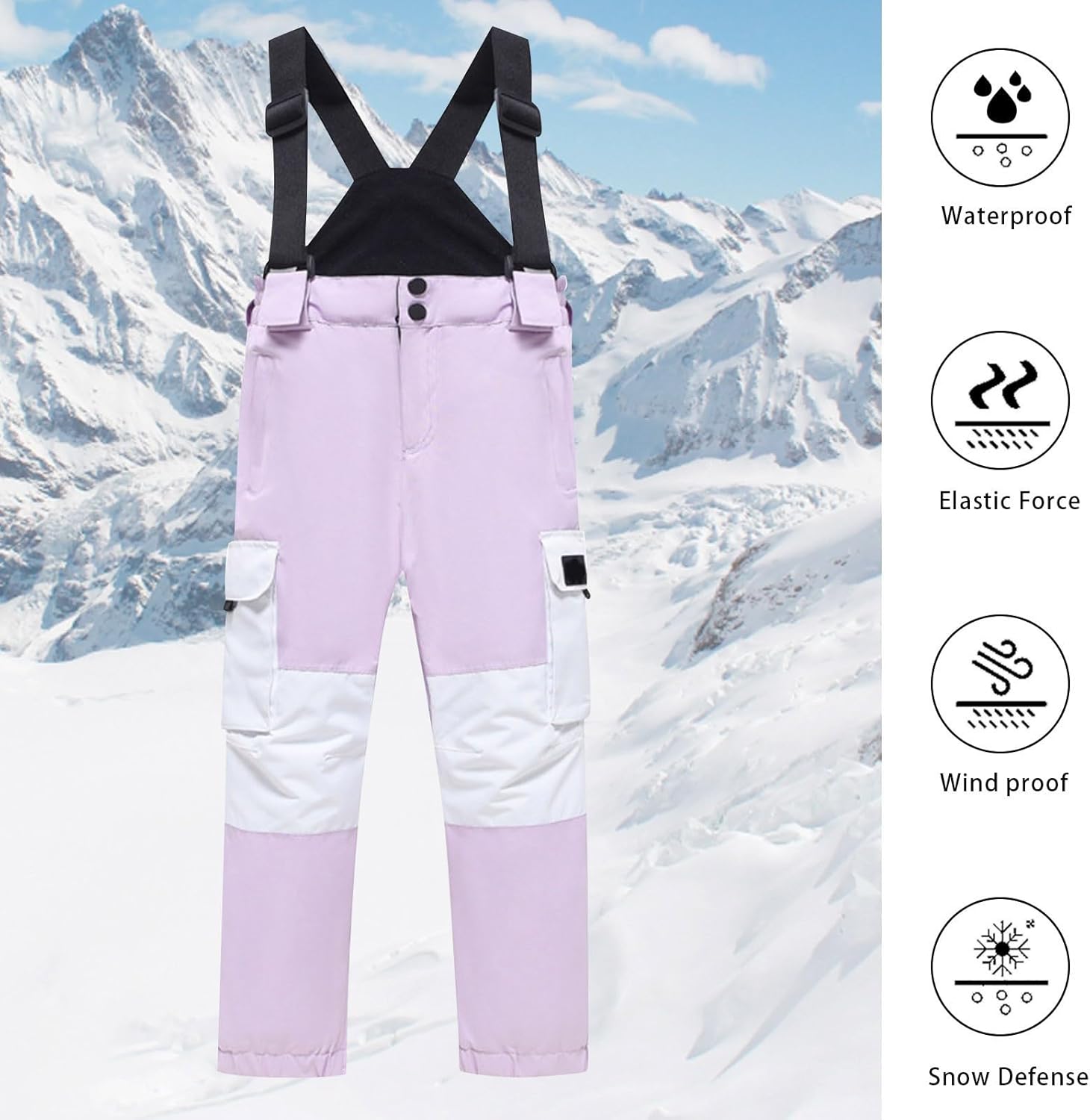 Boys Girls Fashion Strap Ski Pants Thick Warm Windproof Snow Bib Pants Thicken Ski Down Pants with Pockets