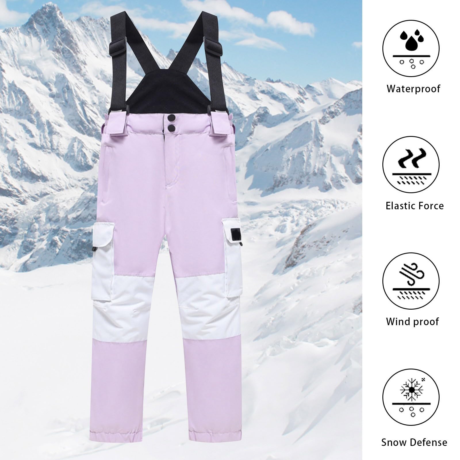 Pantalon de ski pour enfant garçon et fille – Salopette d'extérieur imperméable coupe-vent – Pantalon d'hiver avec fermeture éclair et bretelles pour le ski et le snowboard