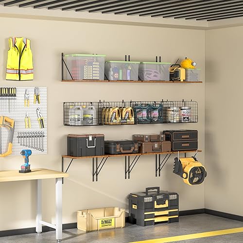 Miniatura 5 de Paquete de 2 estantes de garaje montados en la pared con cestas de almacenamiento de alambre, estantes de pared de garaje resistentes con ganchos,