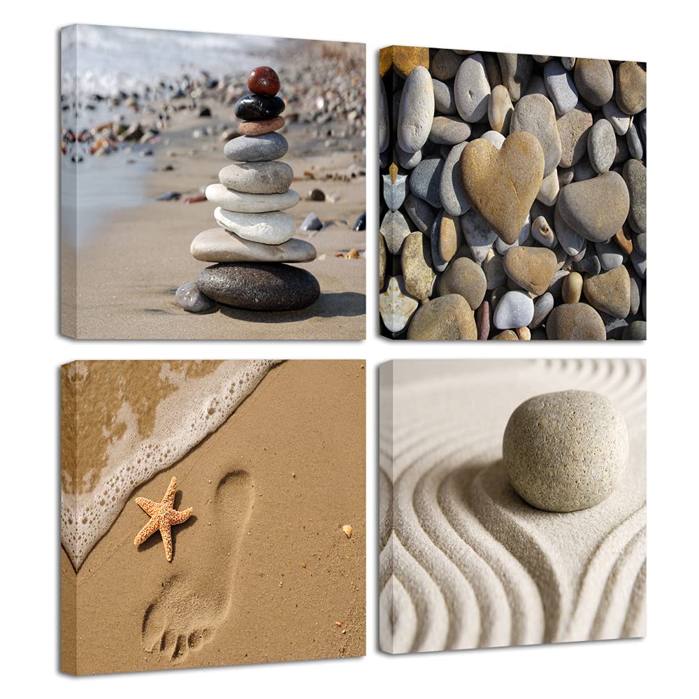 Wieco ArtCanvas Prints Wall Art 4 x 20" x 20" Romantic Pictures Paintings for Living Room Kitchen Home Decor Stretched and Framed Beach Theme Zen Stone Artwork L