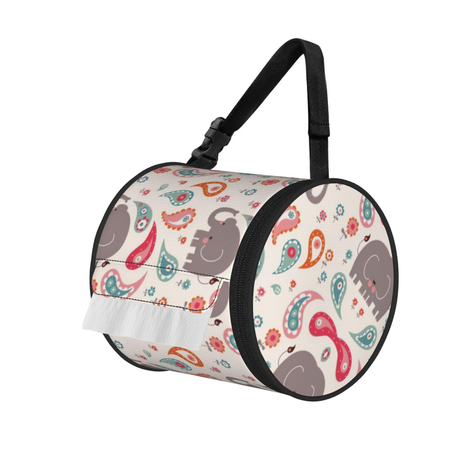 Elephant Print Round Tissue Dispenser Bag With Carry Strap, Portable Roll Holder For Car Travel Home