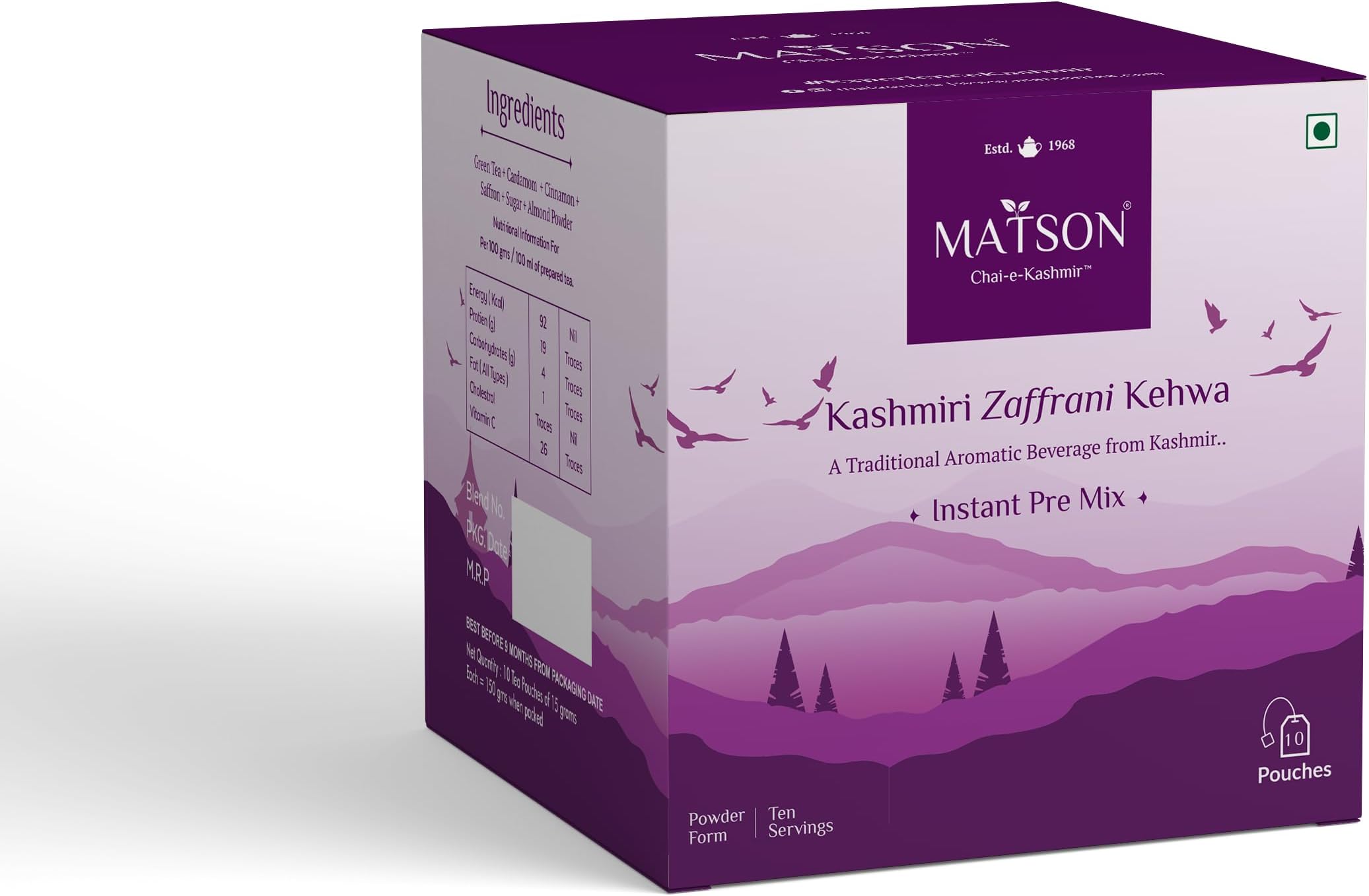 Matson Kashmiri Zaffrani Kehwa Instant Premix 10 Sachets (12g Each) | Saffron Shahi Qehwa Powder Tea | Cardamom Cinnamon Kesar Green Tea | Almonds Blend Drink | Made in Kashmir - FDA Approved