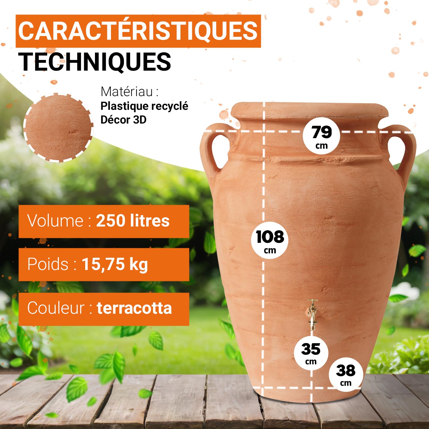 GARANTIA Amphore Antik Recuperateur d Eau de Pluie Kit 250L Terracotta