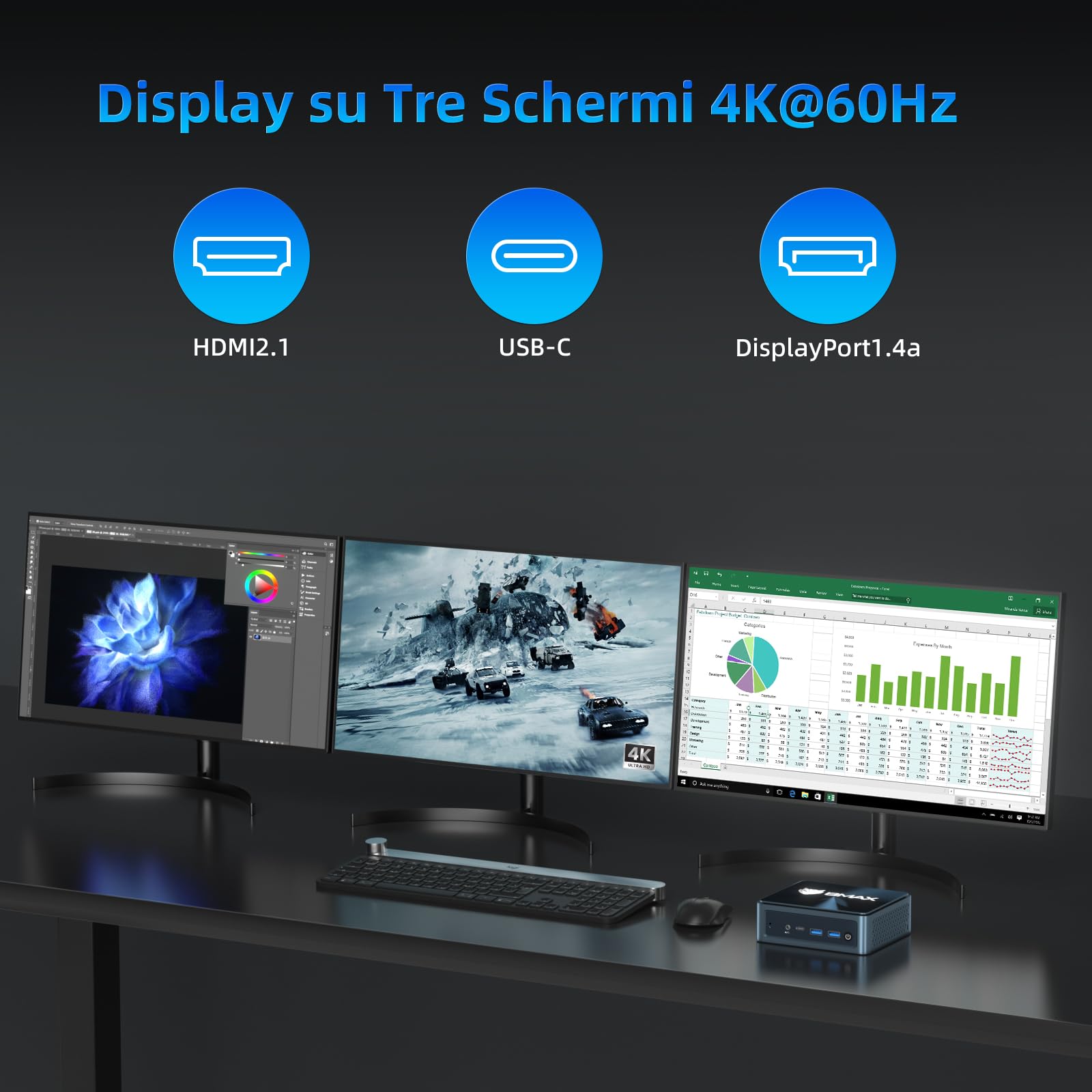 BMAX Mini PC B9Plus, Intel Core i5-1235U (supera AMD 5825U/7530U, fino a 4,4 GHz), 24 GB LPDDR5, 512 GB PCIe 4.0 SSD | Wi-Fi 6, BT | Triplo display 4K@60Hz, HDMI 2.1, USB-C, DP 1.4a | Auto Power on