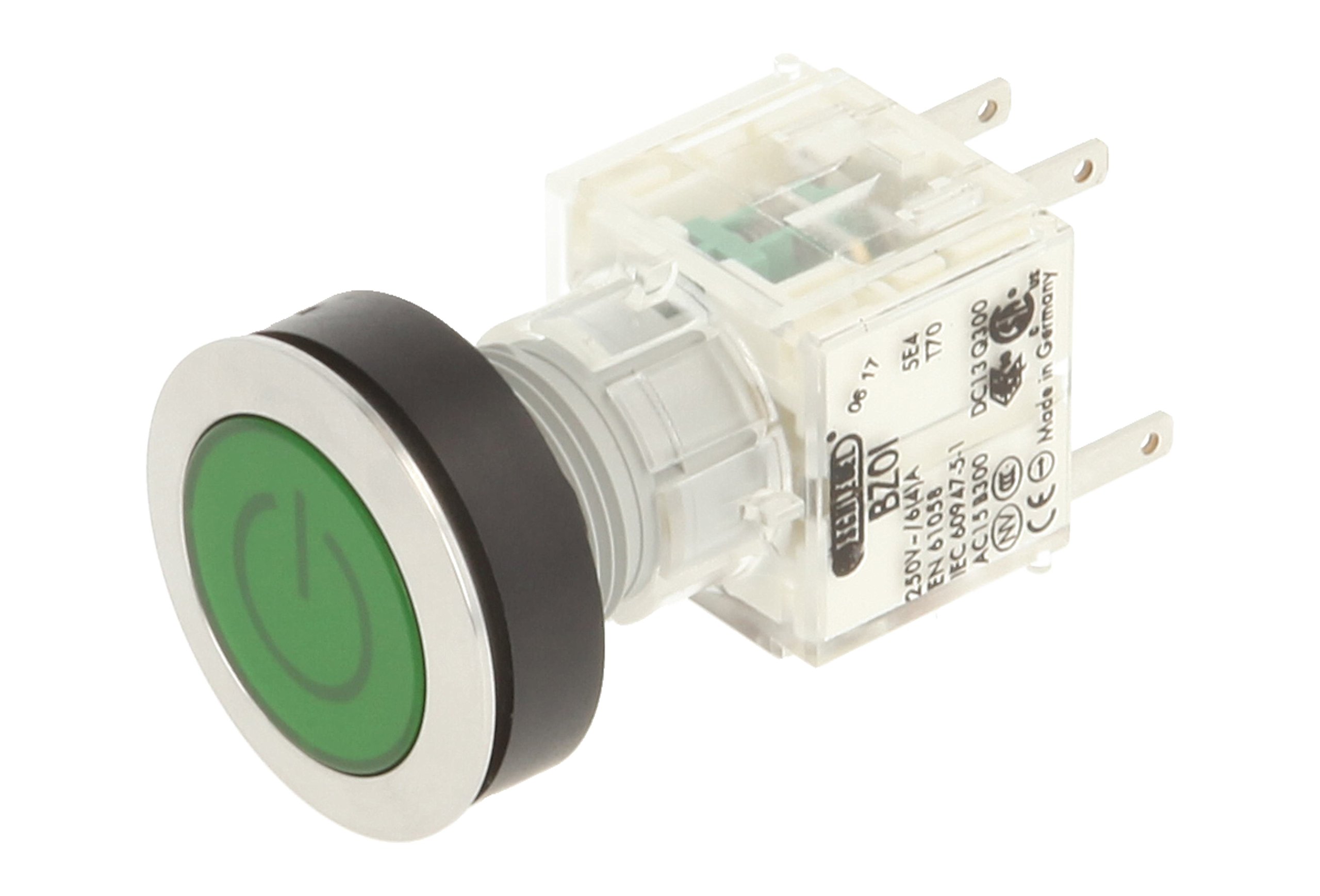 Schlegel 23.000.751 Push Button Stainless Steel, Green Button Cap, Identification Plate Symbol On/Off, Push Contact Sensor 1 Opener/1 NO Contact