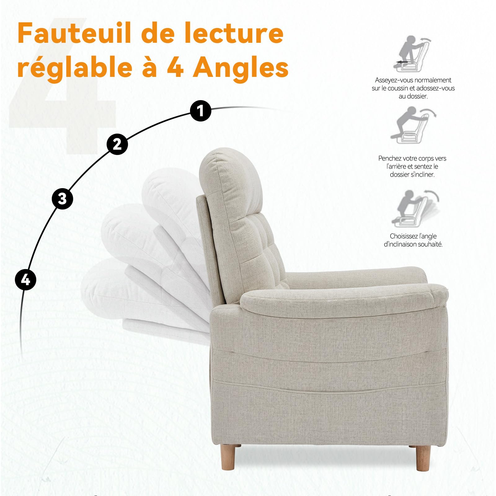 COMHOMA Fauteuil de Relaxation, Fauteuil Inclinable avec Tabouret, Dossier 4 Niveaux Réglable, Poche latérale, Fauteuils Rembourré Sac à Ressorts Simple Salon Chambre Cinéma, Chenille, Beige