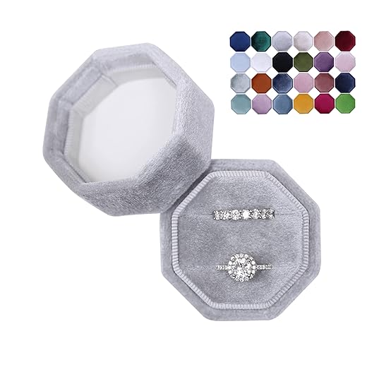 BLUTETE Velvet 2 Slots Jewelry Ring Box Engagement Wedding Box Keepsake Box Bridal Photo Ring Double Slots Octagon (Grey)