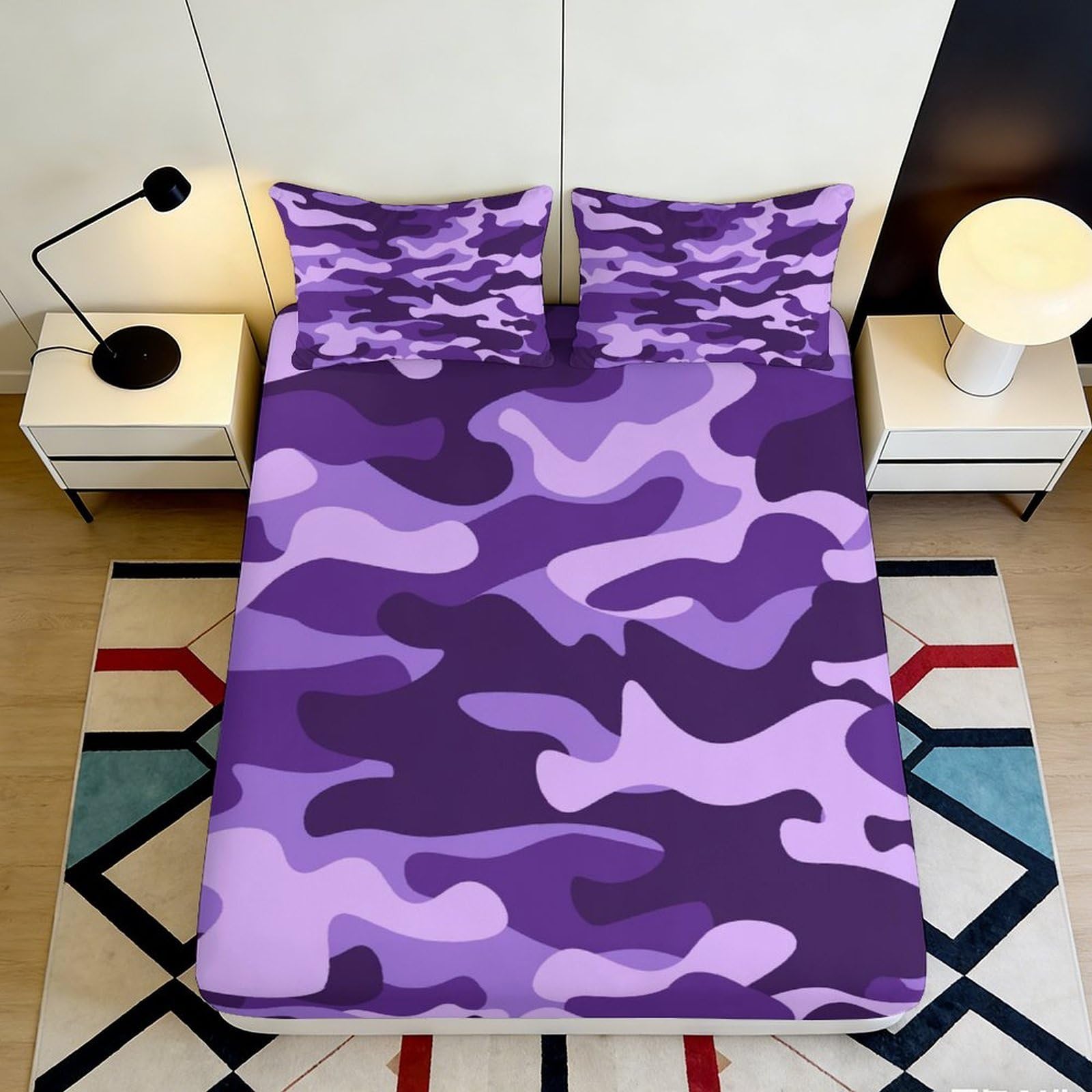 3D Printed Purple Camouflage Fitted Sheet Microfiber Soft Slip-Resistant Urban Camo Mattress Cover for Bedroom Dorm Decor 90x200x25cm