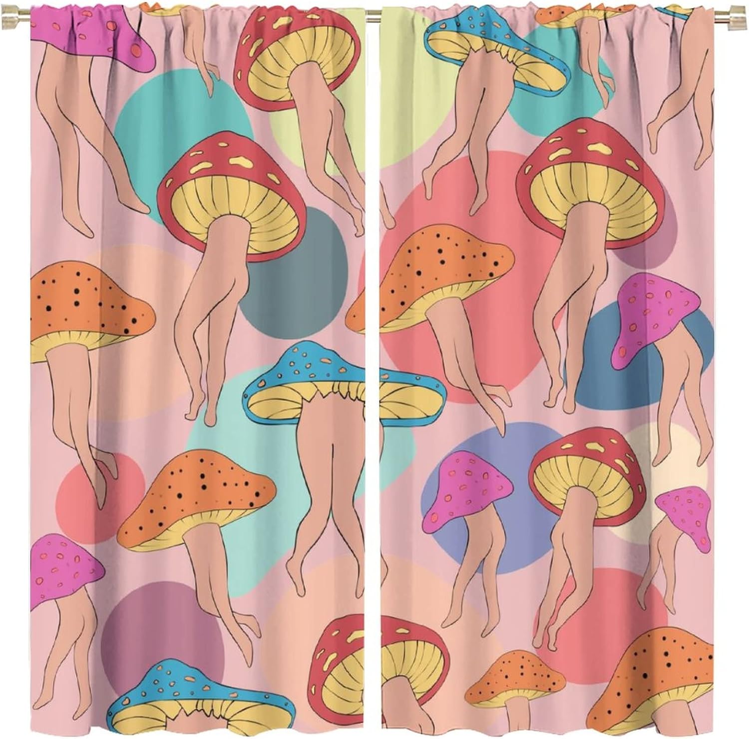 Funny Mushroom Rod Pocket Blackout Curtains - Abstract 70s 80s Cool Hippie Psychedelic Theme Mushroom Butt Pattern Window Treatment,Thermal Insulated Room Darkening Curtains 2 Panels 63L x 31.5W