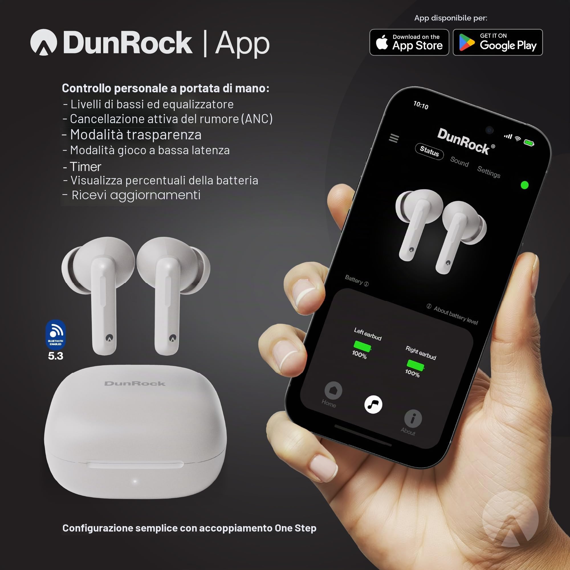 Bubble In-Ear Bluetooth 5.3 - Auricolari Senza Fili con ANC, Modalità di Trasparenza, Controllo App, Batteria 30h, Microfono ENC, Touch, USB-C, True Wireless per Lavoro, Sport e Giochi