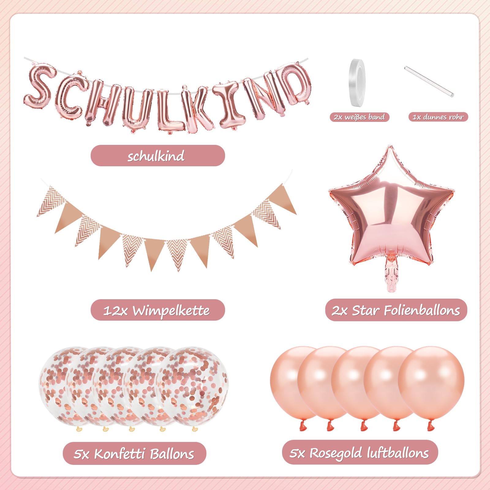 VIKY® Set di 14 decorazioni per l'inizio della scuola, per bambini, decorazione per l'inizio della scuola, in oro rosa 2023, decorazione per l'inizio della scuola con bandierine, stella per l'inizio