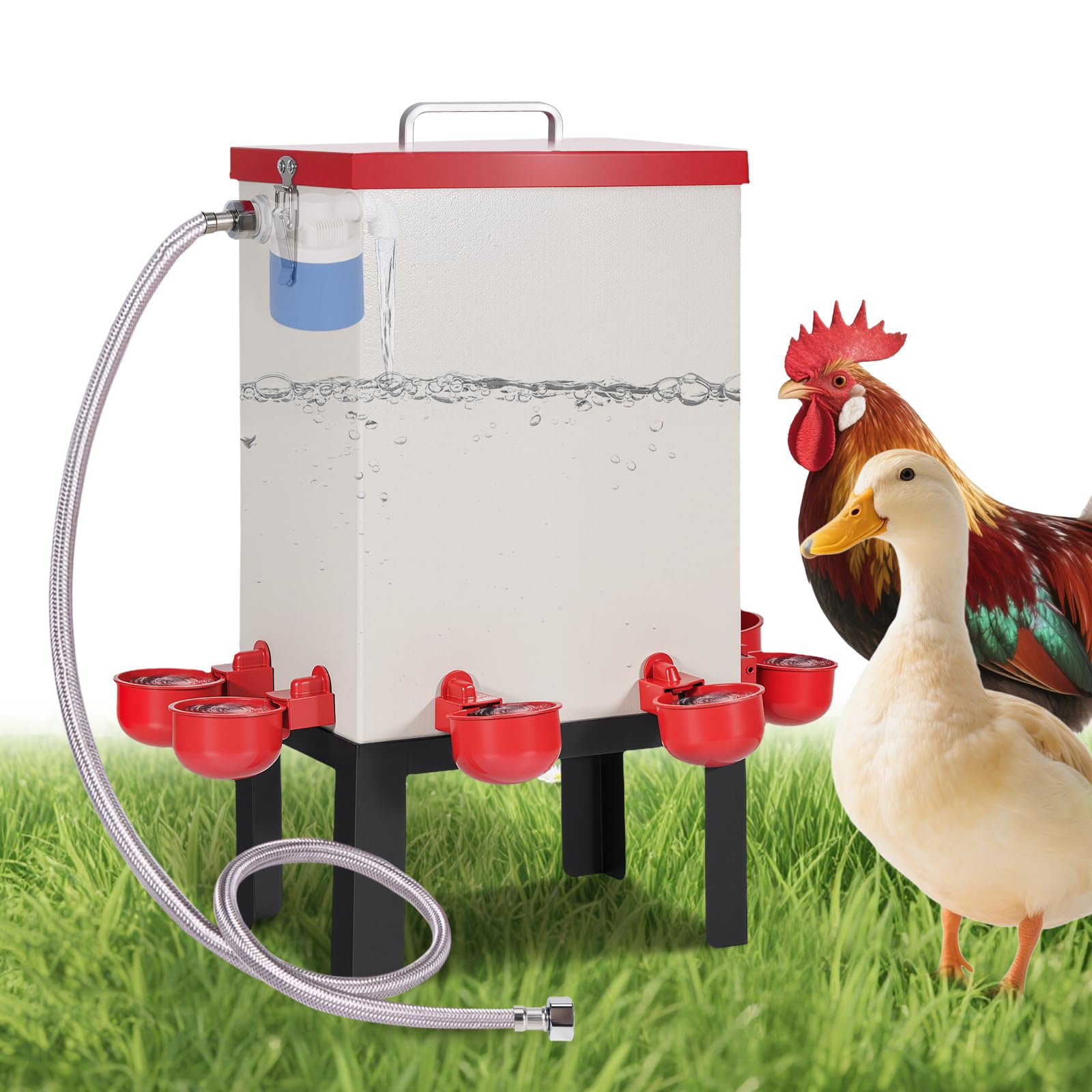 12L Automatische Hühnertränke, Geflügelwasserspender aus Edelstahl mit Schwimmerventil, Schlauch, Wasserbecher und Ständer, Hühnerwasserfütterung für Küken, Enten, Gänse, Truthahn