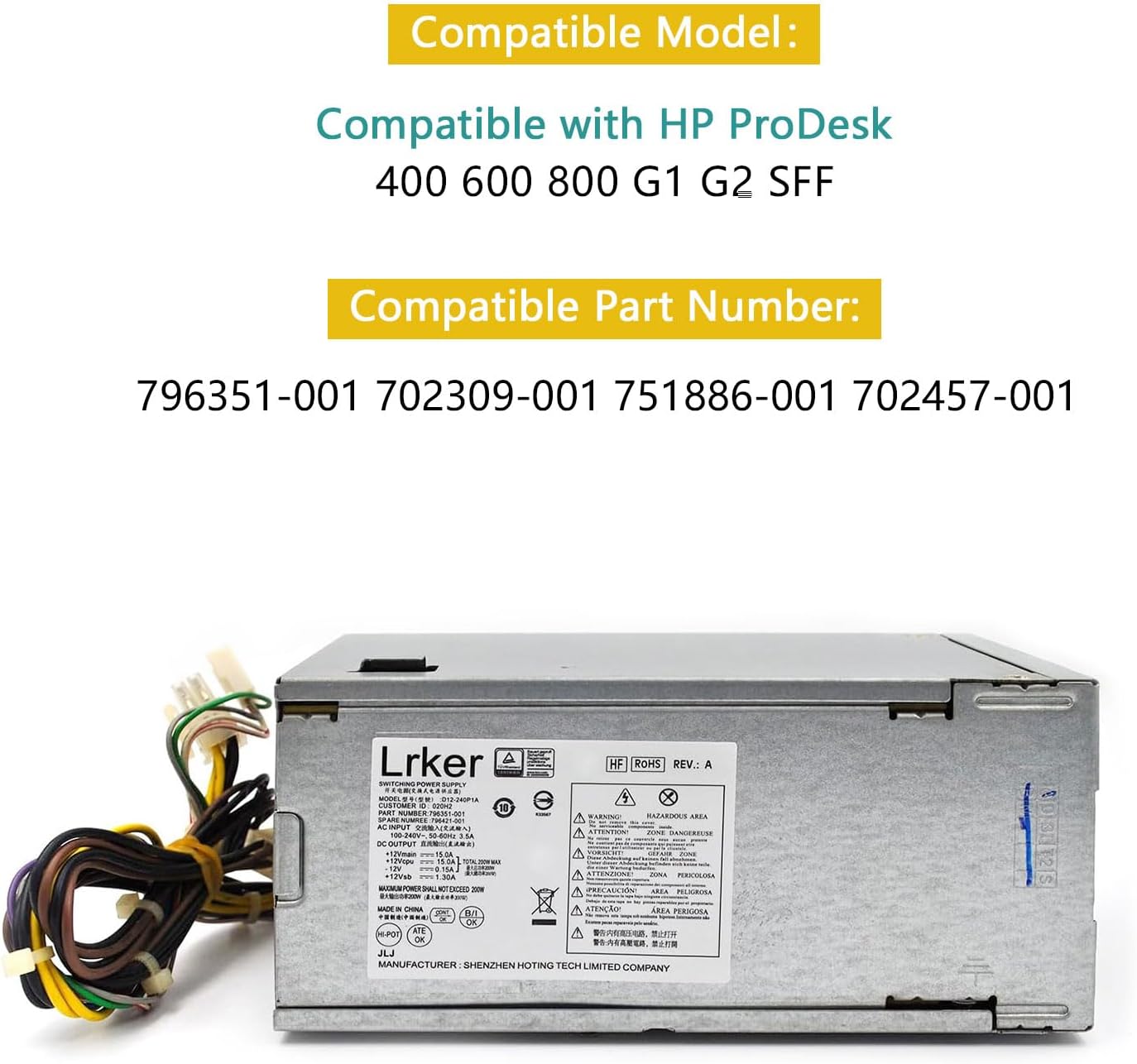 200W Power Supply Compatible with HP ProDesk 400 600 800 G1 G2 SFF M/N: PS4201-2HF PS-4241-2HF D12-240P1A P/N: 702309-001 702457-001 751886-001 796351-001
