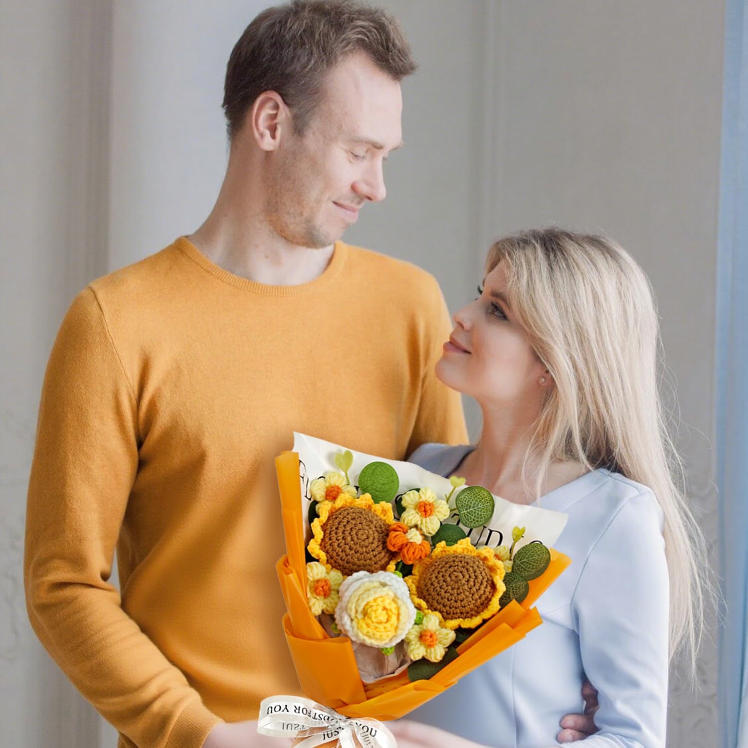 Crochet Flower Bouquet, Handmade Sunflower, Rose, and Daisy Combination, Perfect for Mother's Day, Wedding, Birthday,Anniversary, Home Decor, Ideal Gift for Women, Mom, Wife, and Friends (Orange) - Image 6