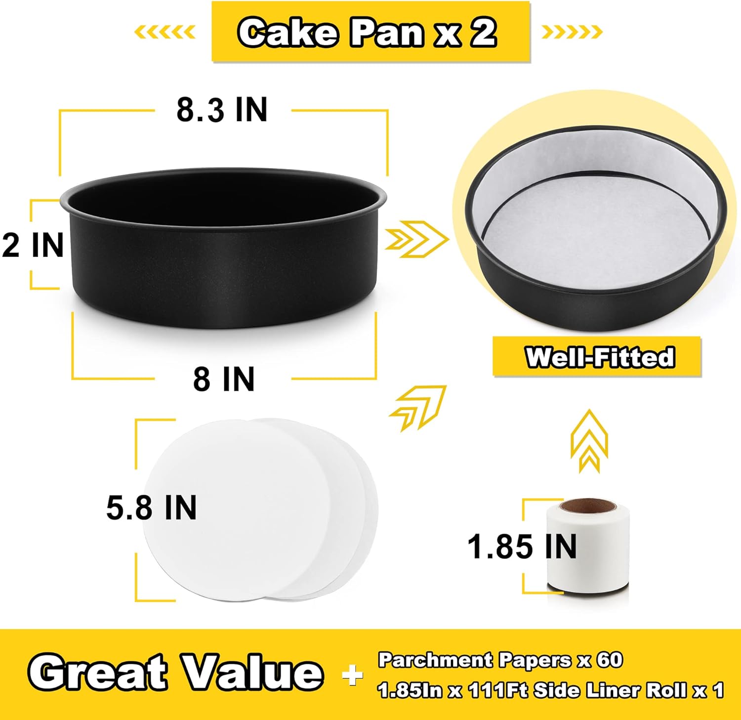 E-far 8 Inch Cake Pans Set of 2, Nonstick Stainless Steel Small Round Baking Pans with Parchment Paper & Side Liner Roll, Stainless Steel Core & Non-toxic Coating, Straight Side & 2 Inch Deep - Image 2