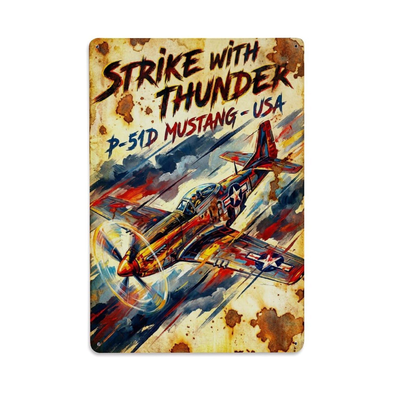 P-51D Mustang Action Aviation Fighter Aircraft Metal Tin Sign Plaque Wall Decor for Cafe, Man Cave, Club Bar, Office, Home Garden Round Metal Poster 8x12Inch