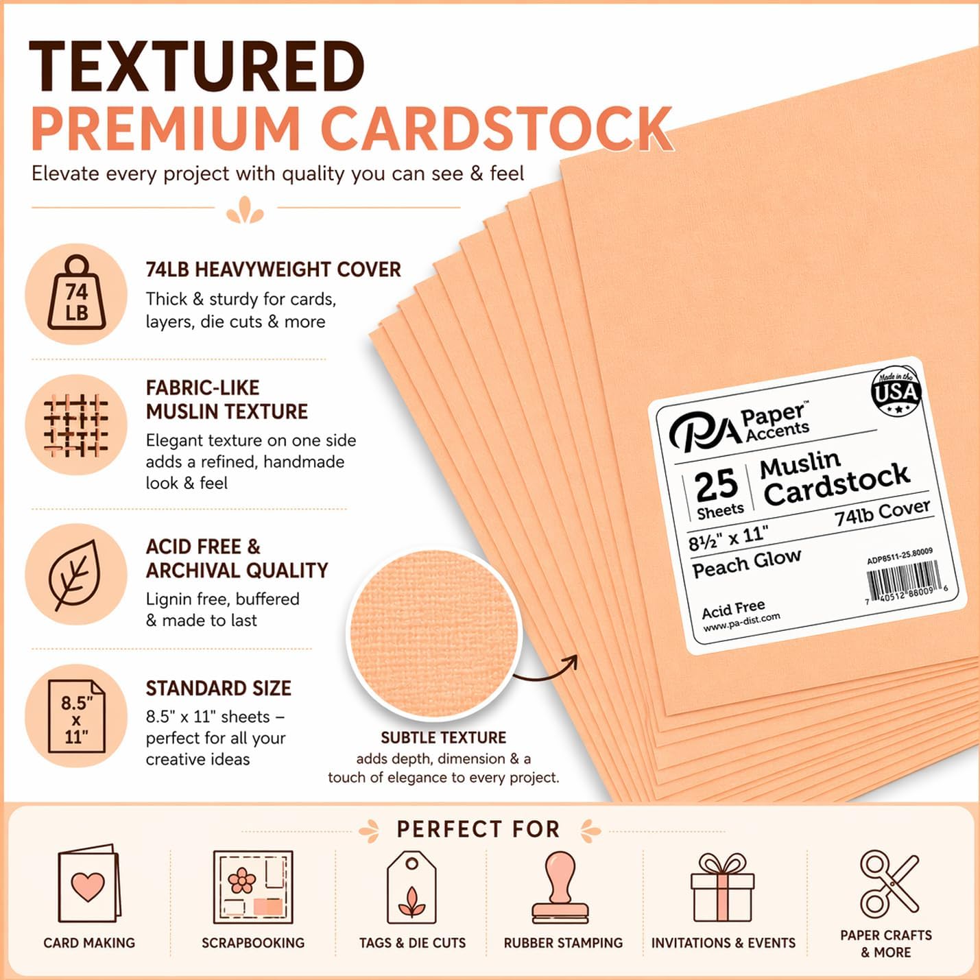 Paper Accents Muslin Texture Cardstock, Peach Glow, 8.5x11 Inch, 25 Pack, 74lb, Scrapbooking Card Making and Crafts