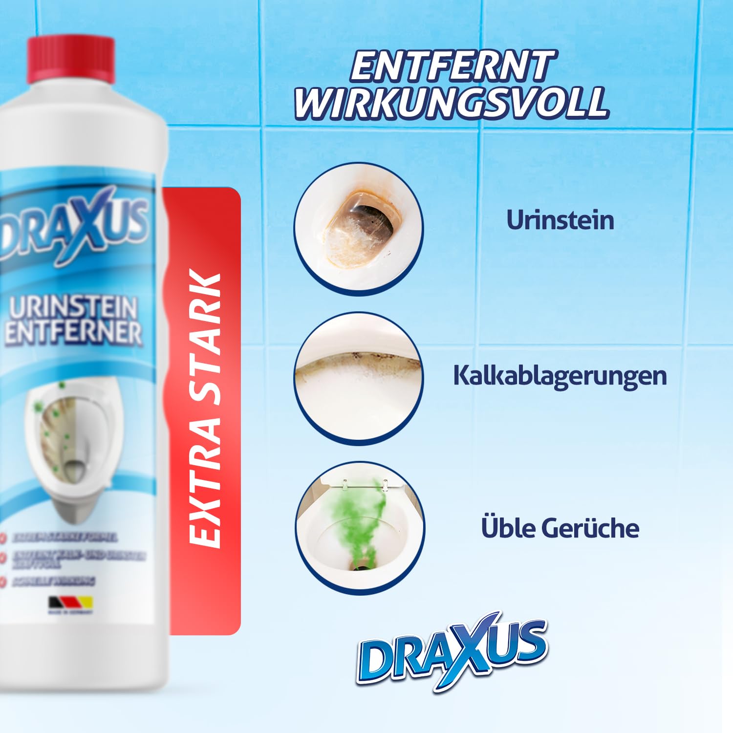 DRAXUS Profi Urinsteinentferner Extra Stark - 1,0L | Beseitigt hartnäckigsten Kalk- und Urinstein | WC Reiniger & Urinsteinlöser gegen schwerste Verkrustungen (3x Spar-Set)