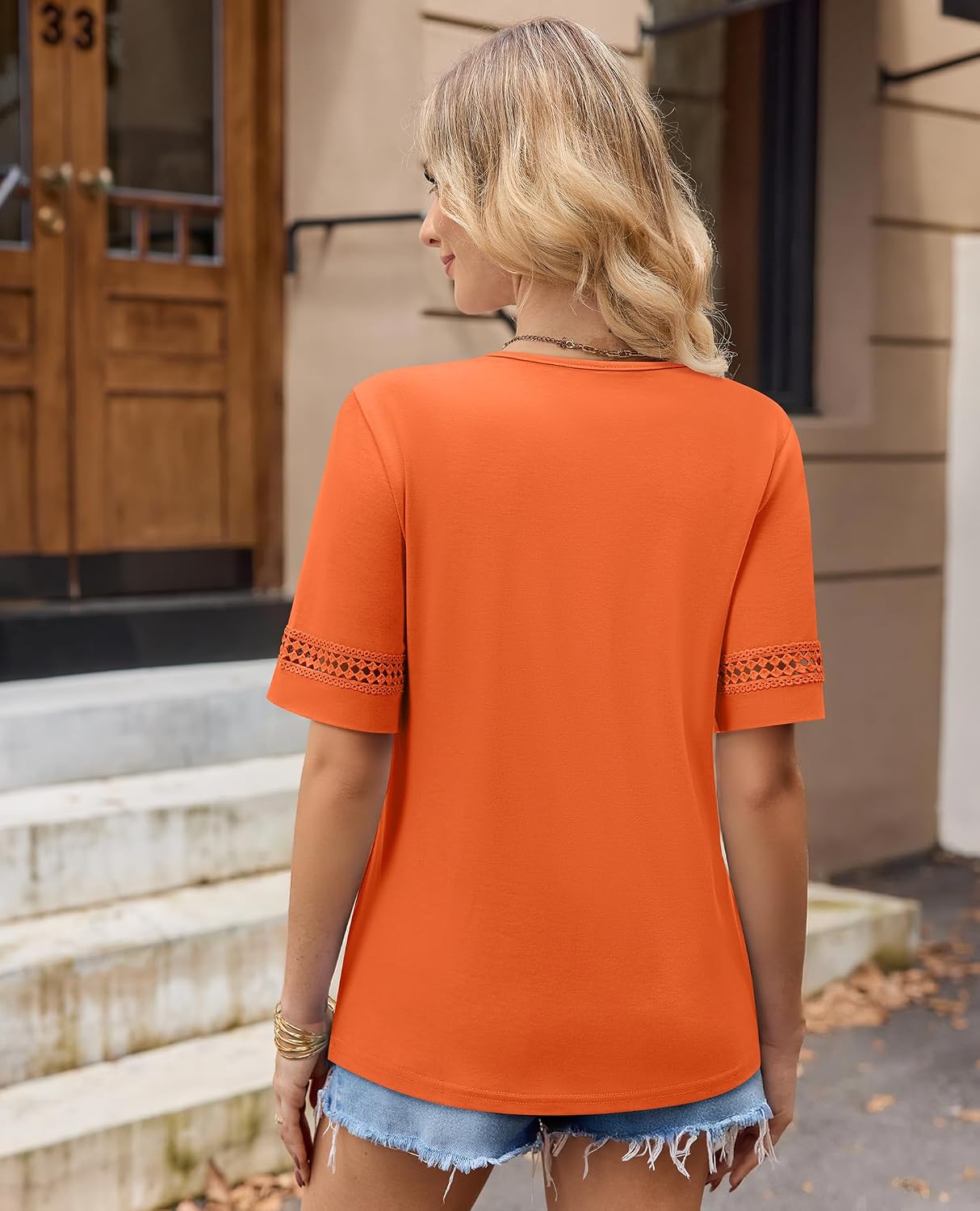 siliteelon Womens Tops V Neck Lace Short Sleeve T Shirts for Dressy Casual Summer 2026 Trendy Clothes