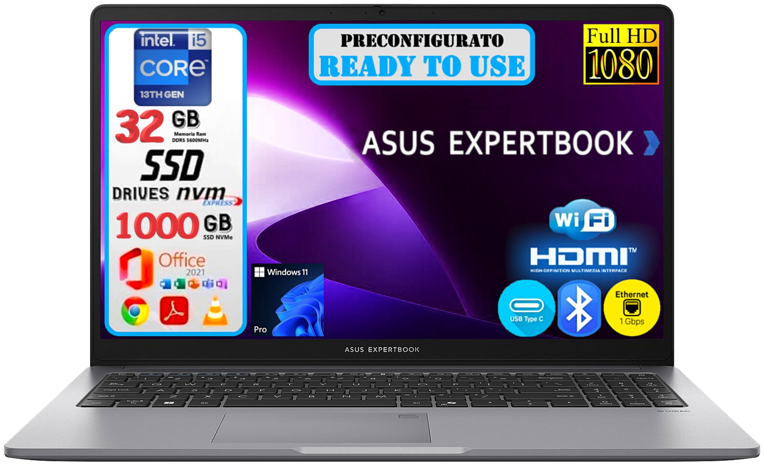 ASUS ExpertBook P1 (P1503), Intel i5-13420H, 32GB RAM DDR5, 1TB (1000GB) NVMe SSD, 15.6" Full HD 1920x1080, Intel UHD Graphics, Windows 11 Pro - Office 2021 - Pronto All'Uso