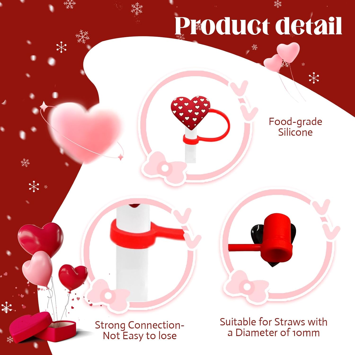 10Pcs Valentine's Day Straw Covers Cap Toppers Heart Lips Rose Reusable Dust-Proof Straw Toppers Drinking Straw Tips Covers for Stanley Cup Accessories Decorations(10mm) - Image 4