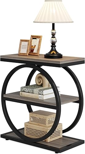 Miniatura 11 de LITTLE TREE Juego de 2 mesas auxiliares de 3 niveles, mesa auxiliar industrial con estantes de almacenamiento, mesa auxiliar de sofá pequeña para