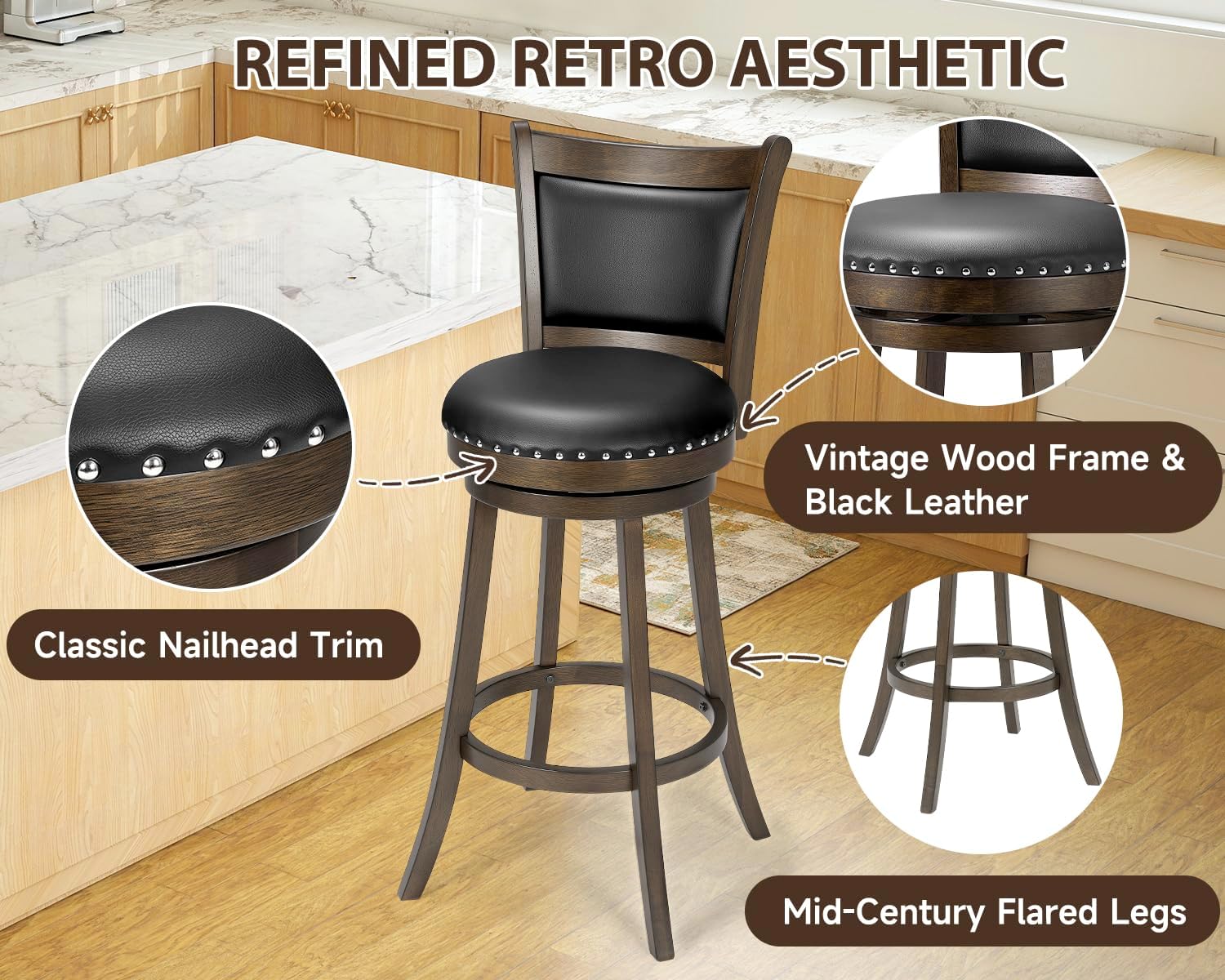 PrimeZone Swivel Bar Stools Set of 4-30 Inch Bar Height Stools with Black Faux Leather Padded & High Back, Solid Rubber Wood Frame & Footrest, Nailhead Trim, Barstool for Pub, Kitchen Island