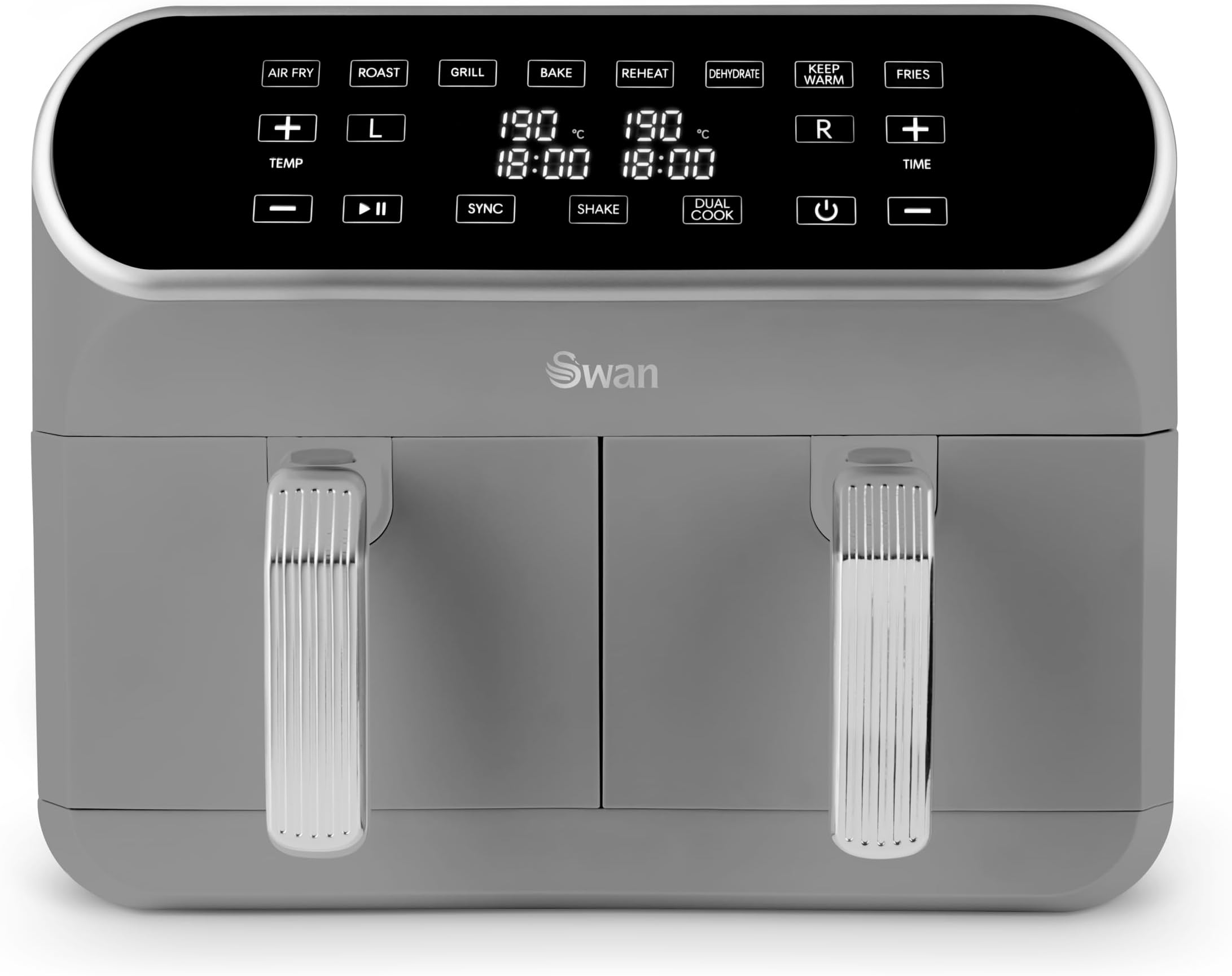Swan SD10519GR Retro Dual Basket Air Fryer with Swan Cyclone Technology, LED Display, 8 Pre-Set Cooking Options, Adjustable Temperature, 8L, 1700W, Grey