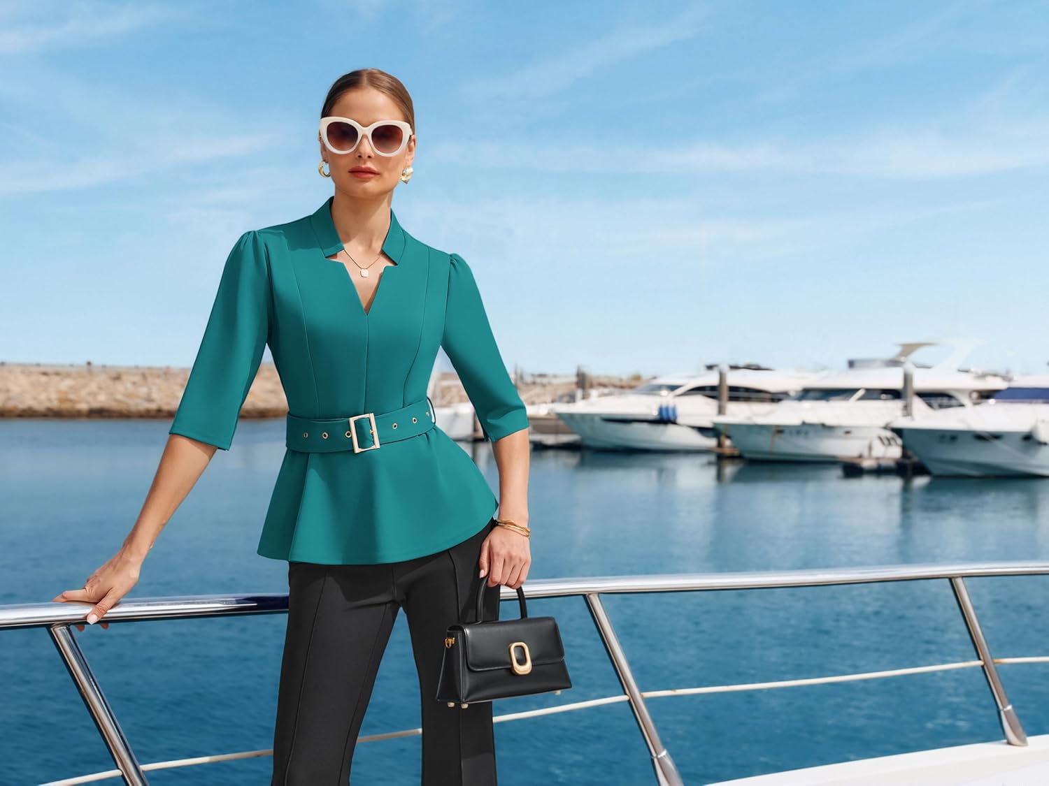 GRACE KARIN 2026 Women Dressy Tops, V Neck Half Sleeve Business Casual Blouses, Spring Fashion Peplum Work Shirts with Belt - Image 7