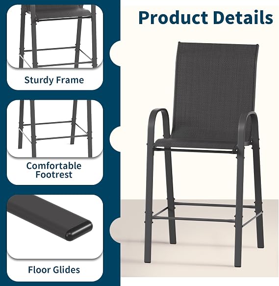 Amopatio 5 Piece Patio Bistro Set with 4 Bar Chairs and Glass Table, All-Weather Textilene Patio Bar Stools, Sturdy Outdoor High Top Table and Chairs for 4 for Backyard, Porch, Balcony, Black