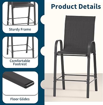 Amopatio 5 Piece Patio Bistro Set with 4 Bar Chairs and Glass Table, All-Weather Textilene Patio Bar Stools, Sturdy Outdoor High Top Table and Chairs for 4 for Backyard, Porch, Balcony, Black
