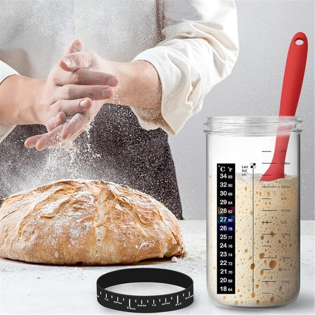 Sourdough Starter Jar Glass Set with Thermometer Bread Baking Supplies Wide Mouth Starter Dough Pots for Bread Making