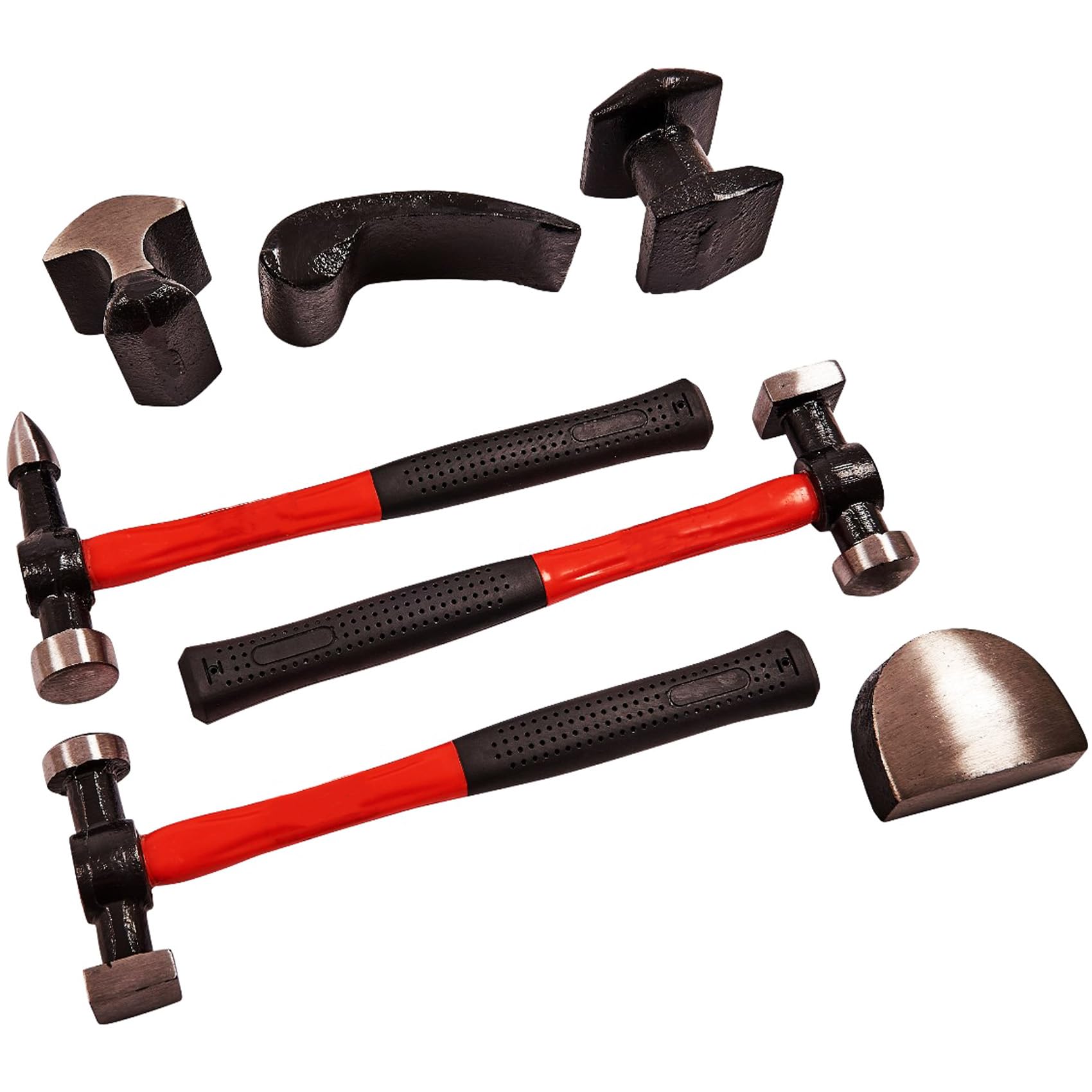 7pc Professional Auto Body Repair Kit Panel Beating RED Fibreglass Hammer Handles with Rubber Grip Shrinking Dollies Automotive Car Dent Remover Dolly Garage Workshop DIY Hand Tools UK Free P&P