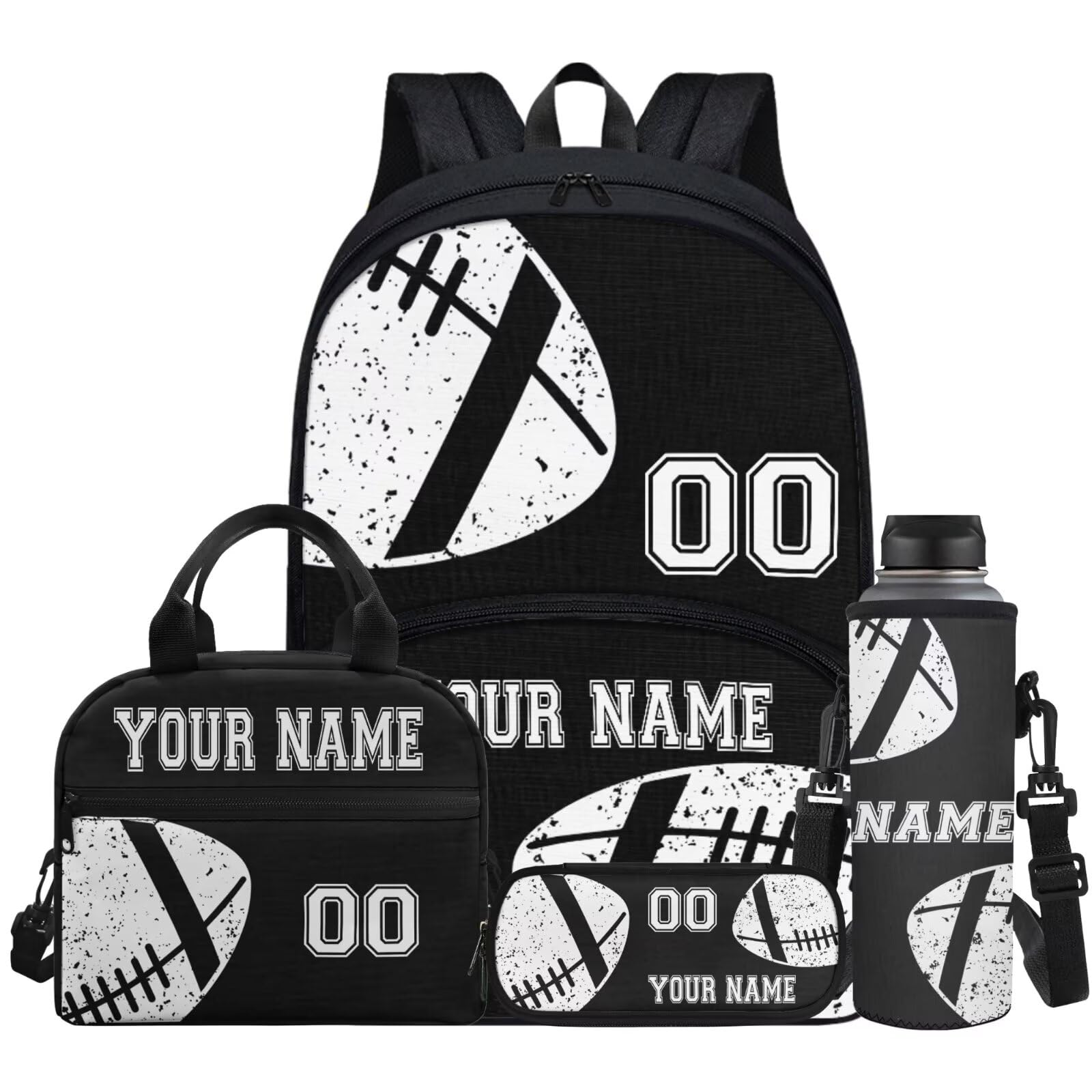 Ecaestolph Children's Custom Football Rugby Black School Bag for Boys Girls Travel Backpacks Lunch Book Bag Pencil Pen Box Bookbags for Kid Children