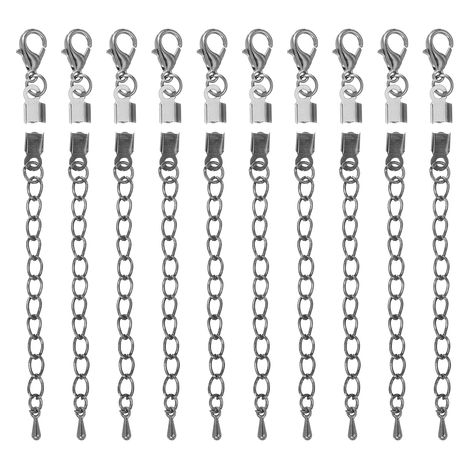 sourcing map 10Sets Fold Over Cord Ends, 3.5mm Terminators Crimp Cap Clasp Tips with Lobster Claw Clasps and Extension Chain for Leather DIY Craft Making Necklace Bracelet, Gun Black