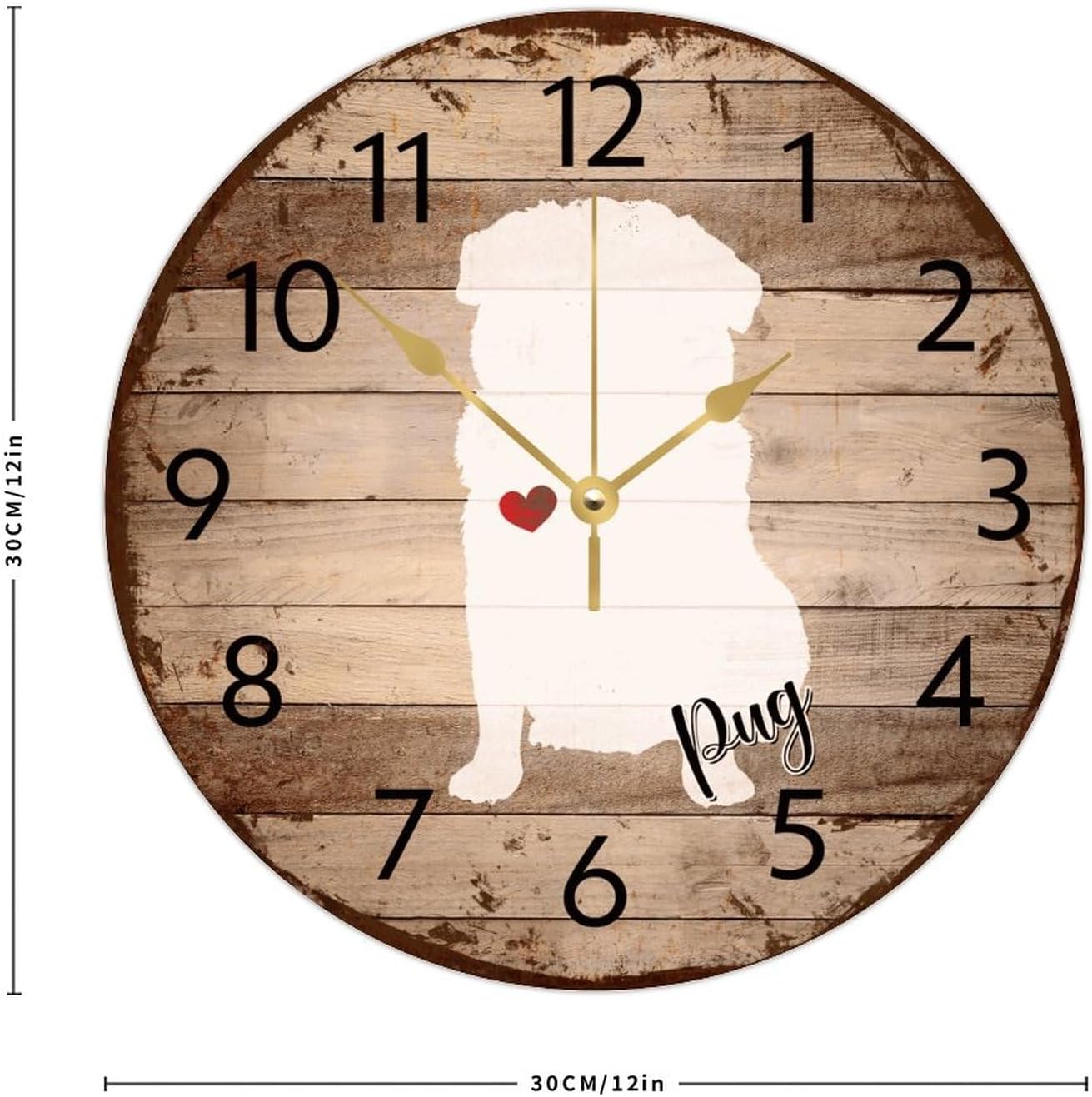 Wood Hanging Wall Clock Round Silent Non-Ticking Pug Modern Wall Clocks Animal Lovers Dog Silhouette Home Decor for Fitness Room Garage Daycare 12 Inch
