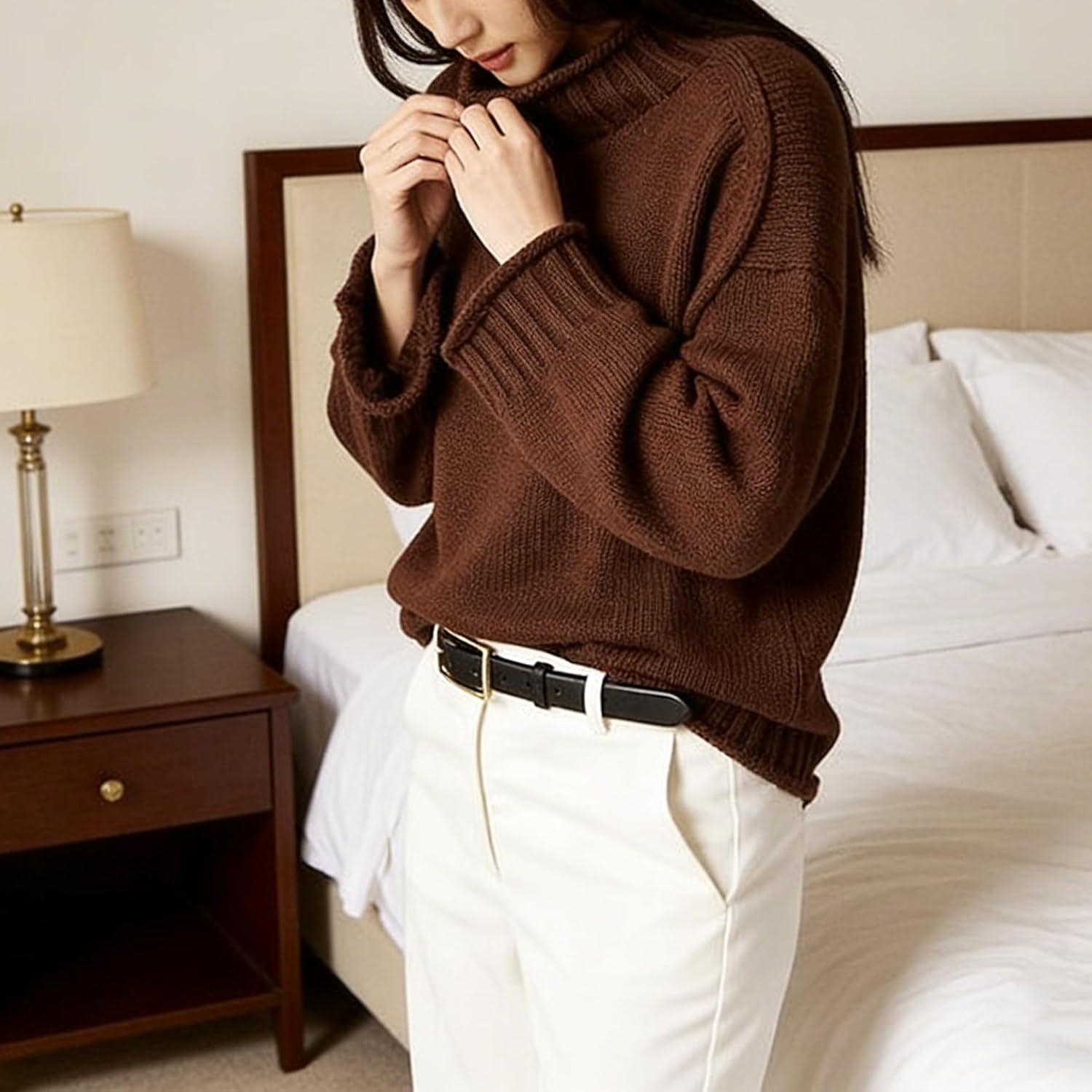 Oversized Sweaters for Women Roll High Neck Hem Long Sleeve Soft Chunky Cable Knit Striped Pullover Tops Outerwear - Image 3