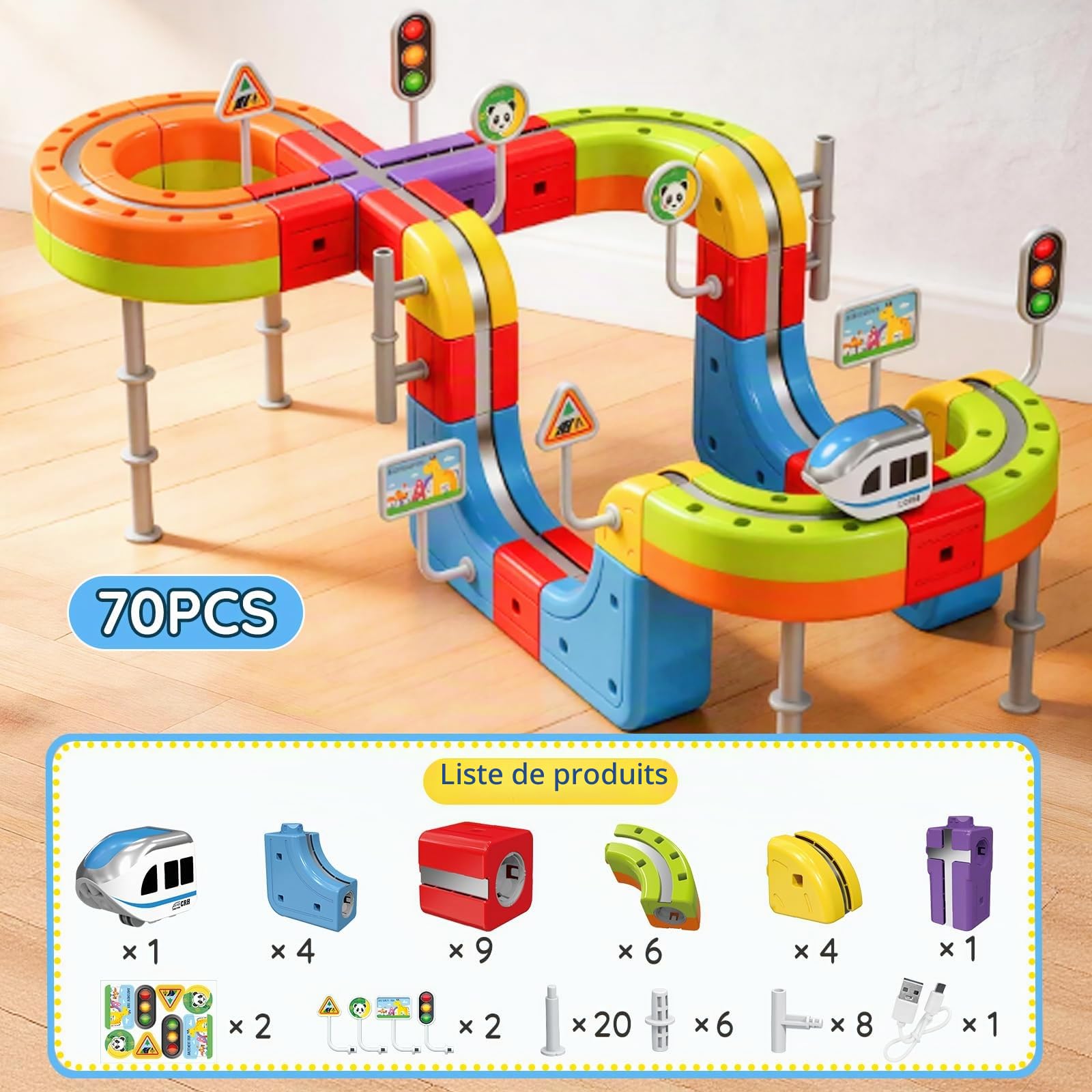 Circuit Train Electrique Enfant, 70 Pièces DIY Construction Cube Track Jouet avec Train Électrique, Cadeau pour Enfants 3 4 5 6 7 8 9 10 11 12 Ans