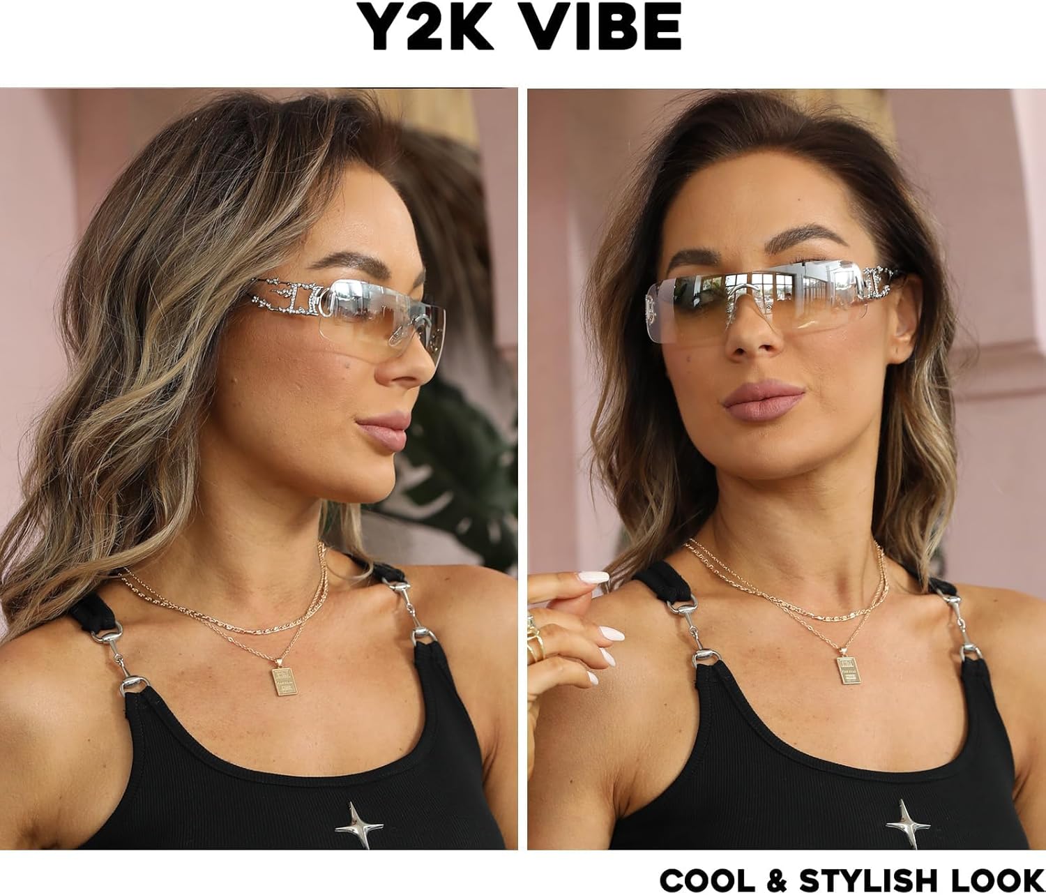 mosanana Y2K Rhinestone Flame Rectangle Sunglasses for Women with Bling Glitter MS52350 - Image 3