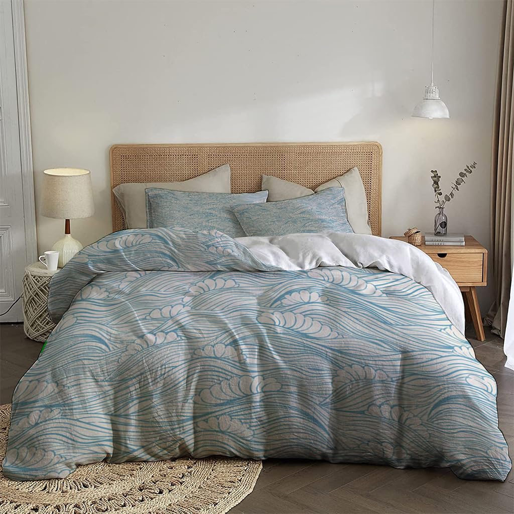NIBAINLO 布団カバー波と泡の波頭を持つ抽象的な青い模様 肌に優しい ピーチスキン加工 掛け布団カバー 和式 洋式 あったか 布団カバーセット リバーシブル ホームステイ ホテル 家庭兼用