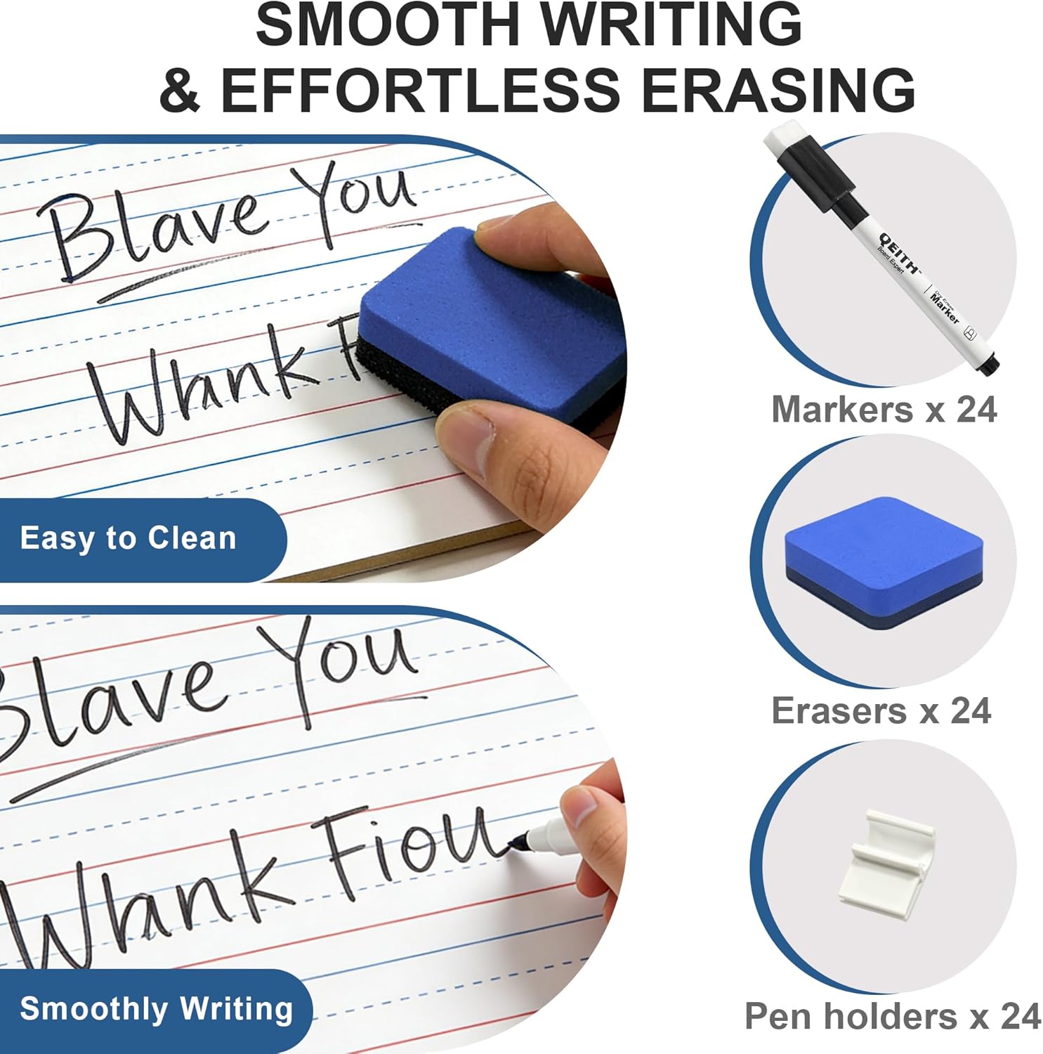 Dry Erase Boards, 24 Pack 9 x 12 Inch Mini Portable Practice White Boards with 24 Markers, 24 Erasers, Double Sided Personal Small Whiteboards with Lines for Kids, Students, Teachers Classroom School